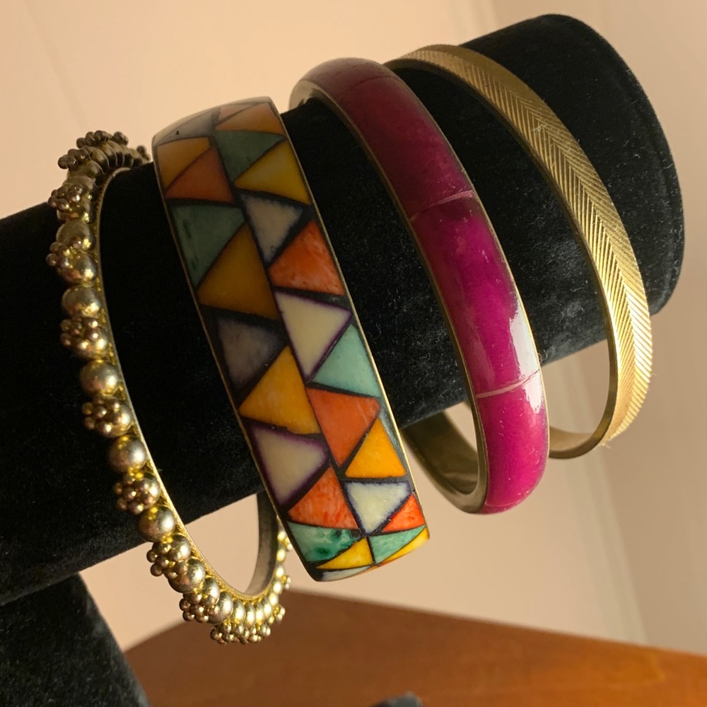 (4) UNIQUE BRASS BANGLE BRACELETS- SHELL, PINK, MOSAIC, BEADED, ETCHED